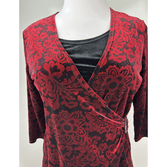 Choices Velvet Faux Wrap Blouse Lined Top Red Black Goth Vamp Whimsigoth Large - Picture 6 of 16